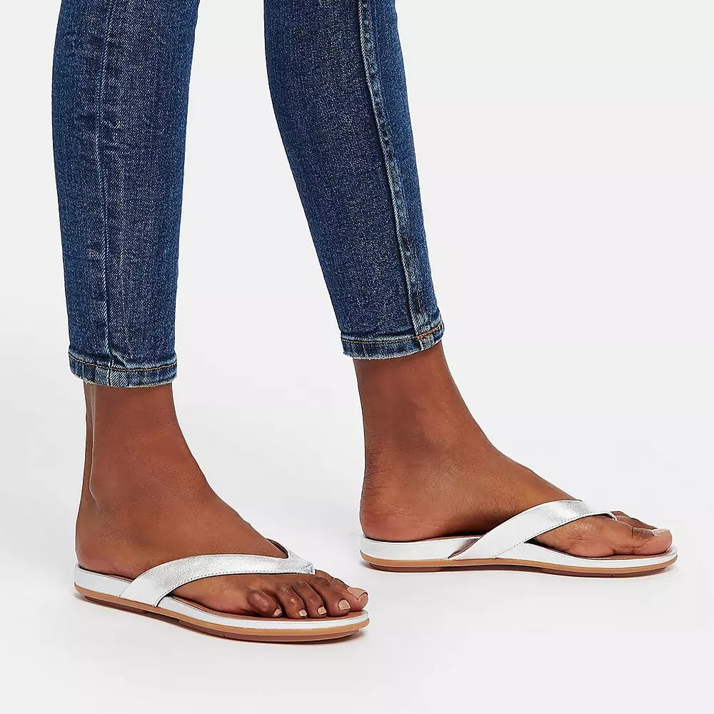 Fitflop GRACIE Metallic Lær Flip Flops Dame Sølv Brune | 906732-X