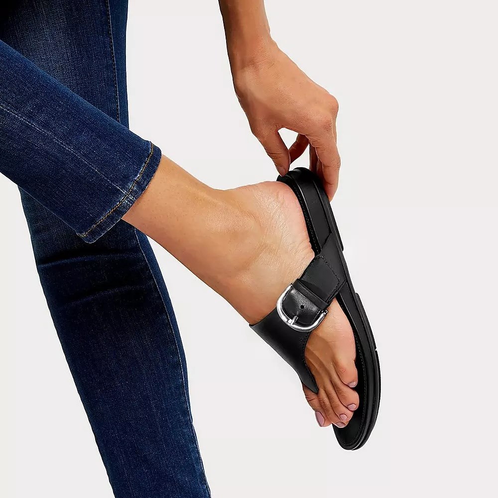 Fitflop GRACIE Spenne Lær Tå-Post Sandaler Dame Svarte | 430971-P