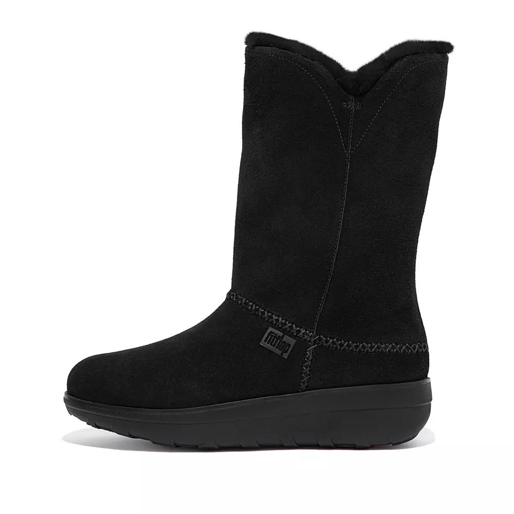 Fitflop MUKLUK Shearling-Forede Semsket Skinn Lærstøvler Dame Svarte | 213950-J