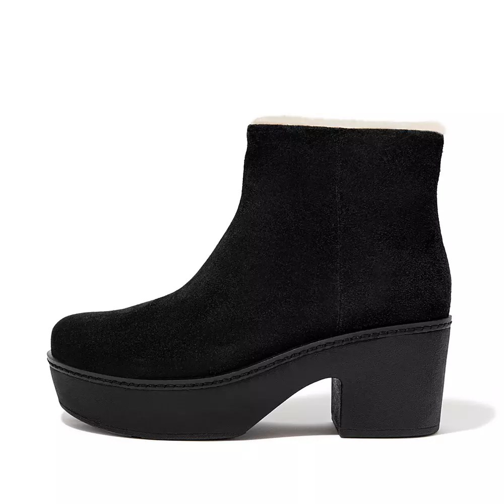 Fitflop PILAR Shearling-Forede Semsket Skinn Platform Støvler Dame Svarte | 132694-R