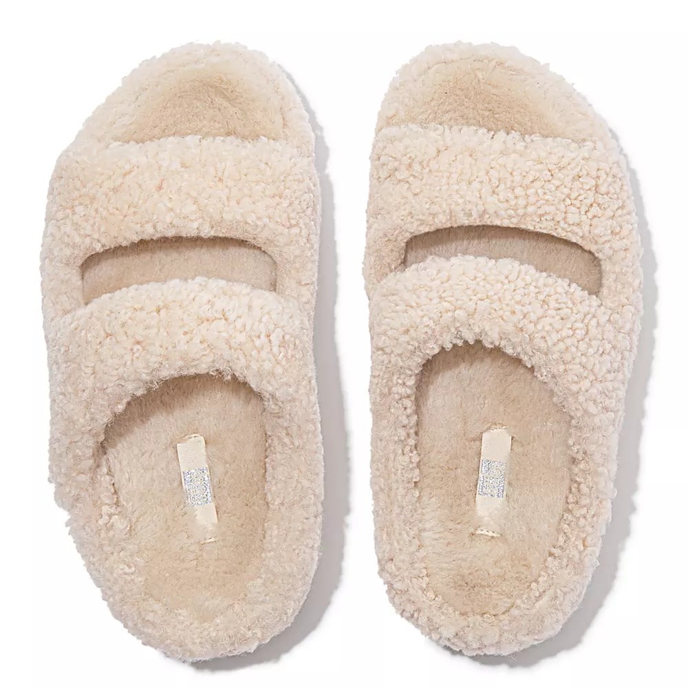 Fitflop SHUV Two-Bar Shearling Badesandaler Dame Pisket Krem | 619785-E